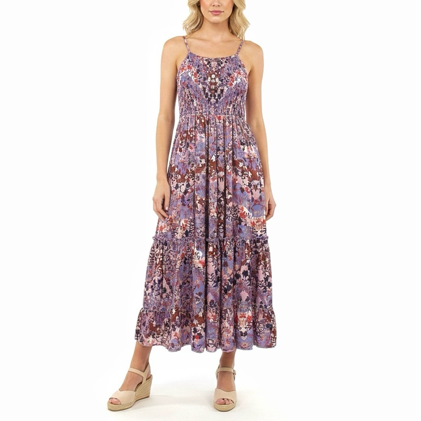 Abel The Label Lilac Dream Boho Floral Smocked Tiered Maxi Dress Size Small